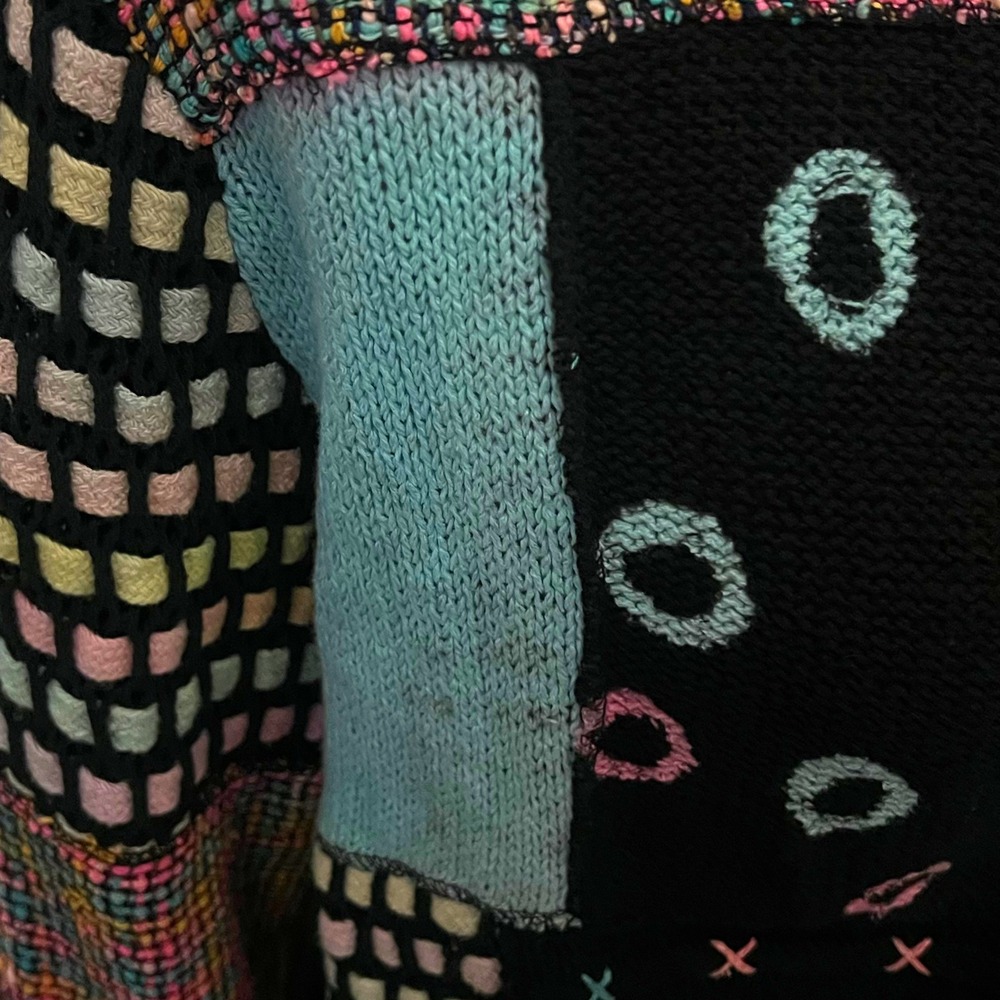 Vintage 80's Cotton Silk Patchwork Cardigan Sweater Black Multi Art to Wear M - Picture 4 of 10